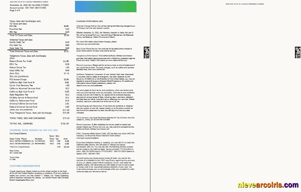USA Cox utility bill, 4 pages, 3-4 pages